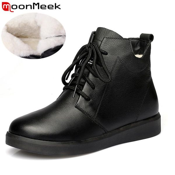 

boots moonmeek 2021 winter genuine leather flat with ladies ankle zip comfortable keep warm wool sonw women, Black