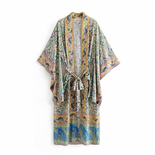 

2021 new new women bohemian neck flor pteris print kimono shirt holiday beach bow tie coffins maxi longo cardigan blusa iu3h, White
