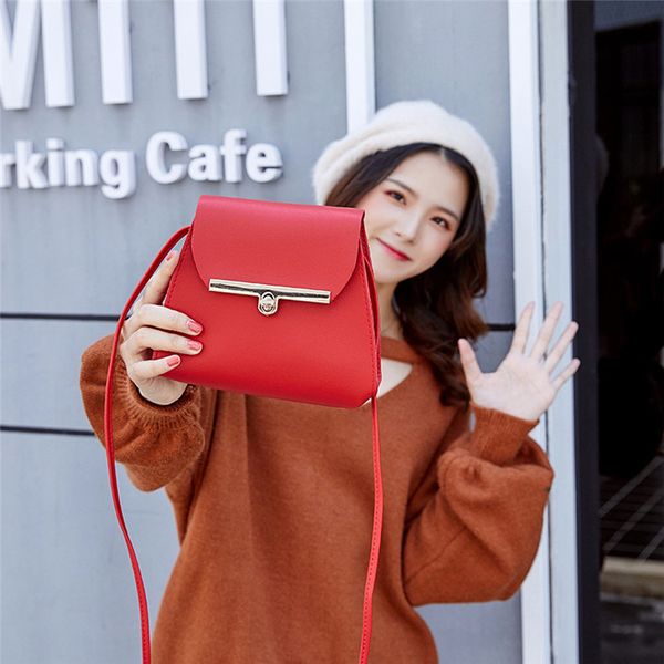 

simple flap shoulder leather phone bags women girls pure color mini messenger bag cross body handbags, Red;black