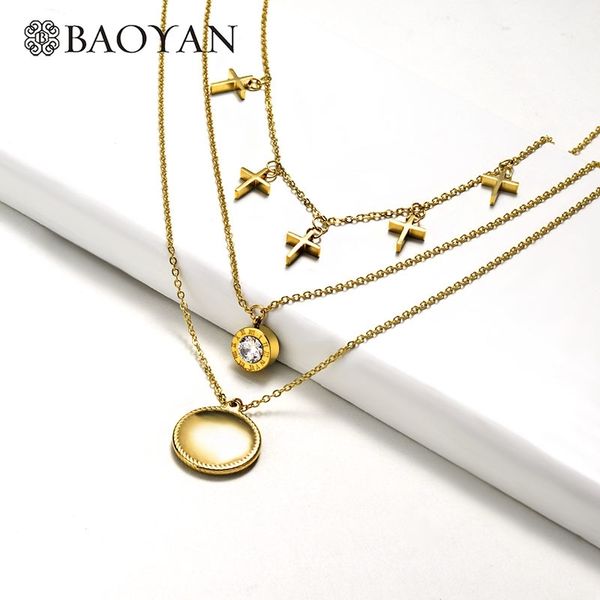 

baoyan multi layered gold tag necklace wholesale bohemian stainless steel golden letter horn cross necklaces for women y200730, Silver
