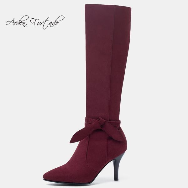 

arden furtado 2020 winter fashion joker pointed toe joker bowknot side zipper burgundy black the size of the code knee high boot