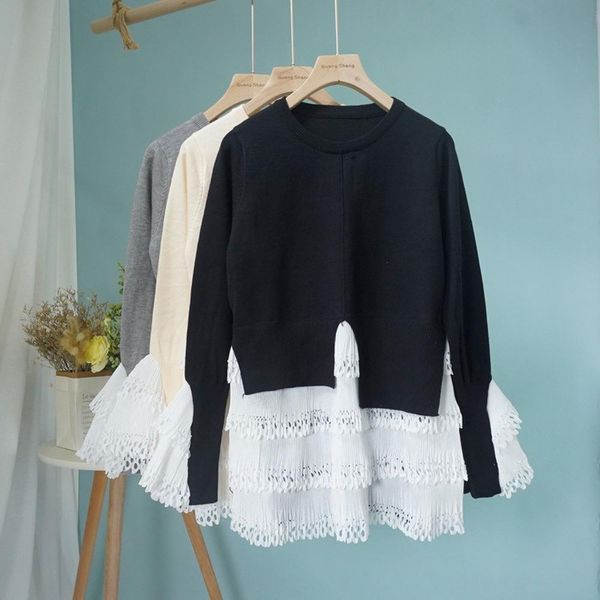 

womens autumn new lace stitching slit hem sweater sweaters fashion 2021 women o neck patchwork korean sweater pullover women, White;black
