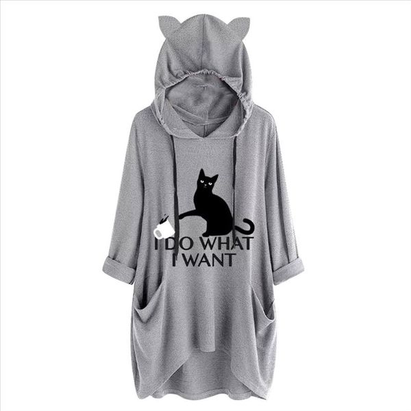 

oversized sweatshirt harajuku cat print blouse women cute ears pockets loose hoodies plus size hoody pullover sudadera mujer, Black