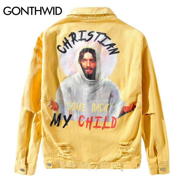 

god printed ripped hole destroyed denim jackets 2020 mens fashion casual fit jeans denim jacket coats outwear, Black;brown