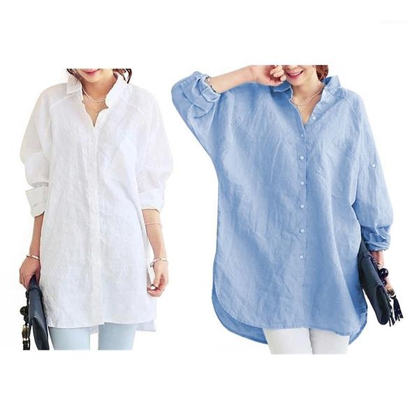 

women casual loose cotton linen blouse office lady elegant long sleeve shirt 1, White