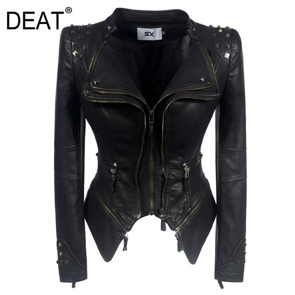 

[deat] new autumn fashion pu leather jackets zipper rivet lapel collar full sleeve fit punk style waist slim coat ht129 201030, Black