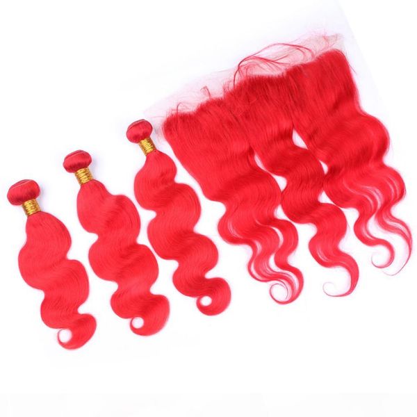 

virgin malaysian pure red human hair bundles deals 3pcs with 13x4 lace frontal closure body wave red colored virgin hair weft extensions, Black;brown