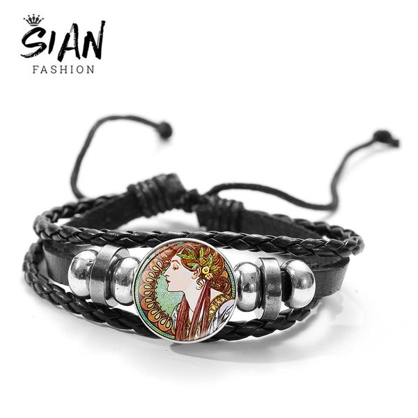 

сиан new vintage альфонс муха фото браслет красота женщина стекла кабошон время gem handmade сплетенных кожаных браслетов украшение yxlqla, Golden;silver