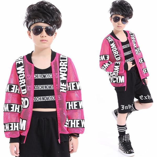 

stage wear children's street dance costumes boys girls hip hop clothing performance loose pink net coat set outfits dqs2786, Black;red
