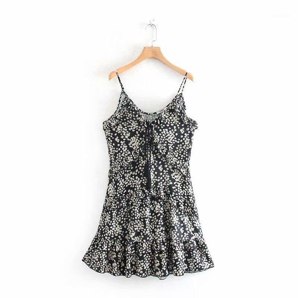 

2019 new women deep v neck flower print agaric lace sling dress ladies chic laminated ruffles vestidos casual dresses ds23101, Black;gray