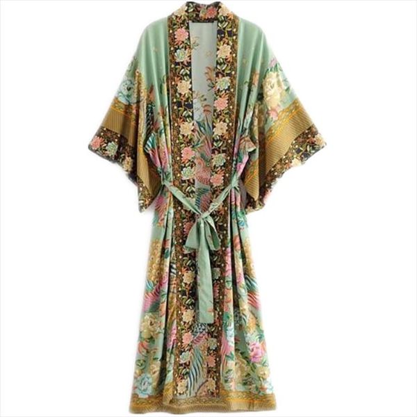 

bohemian v neck peacock flower print long kimono shirt ethnic new lacing up with sashes long cardigan loose blouse femme, White