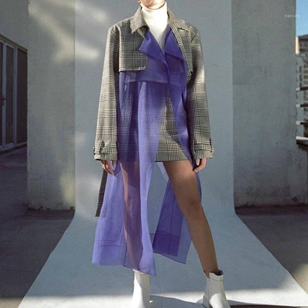 

2020 autumn transparent organza spliced plaid loose lace up long section coat fashion new women la4051, Tan;black