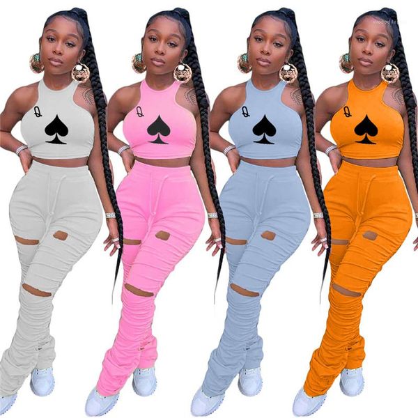 

outfits stacked pants solid color slim womens 2pcs poker print summer womens tracksuits pleated hole sleeveless halter womens two piece, Gray