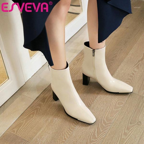 

boots esveva 2021 pointed toe square high heel pu+leather ankle platform women shoes size 34-431, Black