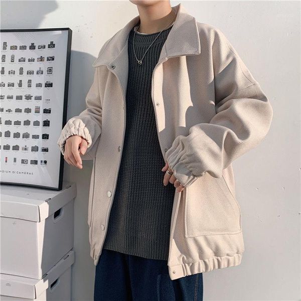 

men's wool & blends 2021autumn and winter youth loose solid color college style twill woolen coat fashionable casual single-breasted, Black