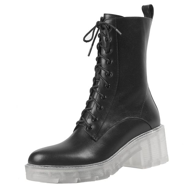 

boots genuine leather handmade women chunky heels cross tied height increasing knight platform thick soled feminines shoes, Black