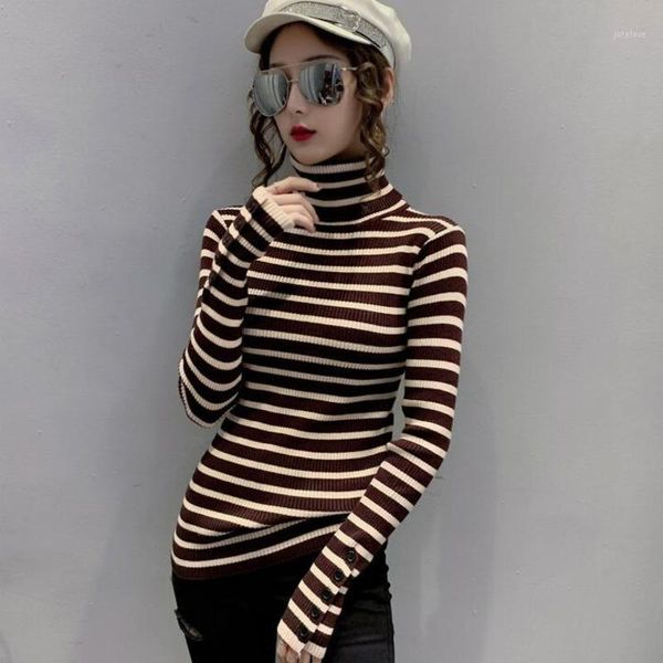 

#6281 casual striped knitted sweater women turtleneck pullovers knitwear basic tight turtleneck women long sleeved buttons1, White;black