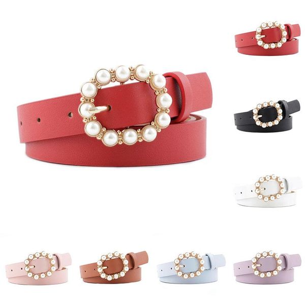 

pearl belt leather women colorful designer fashion belts for jeans with buckle red belts for kids girls harajuku ceinture femme, Black;brown