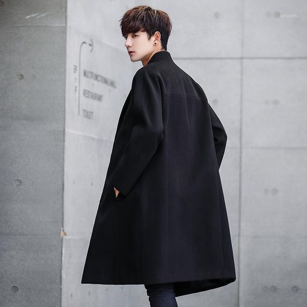 

japanese windbreaker men's long section thick warm warm coat men's tide loose coat wool woolen korean version1, Black