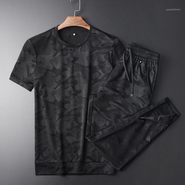 

summer camouflage round collar short sleeve set (t-shirts+pants ) hight quality slim casual men's simple pants 4xl1, Gray