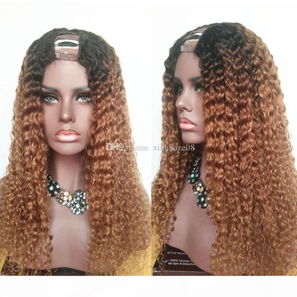 

brown color ombre u part human hair wigs deep curly middle part hair 2"x4" u part wigs glueless remy 150 density, Black;brown