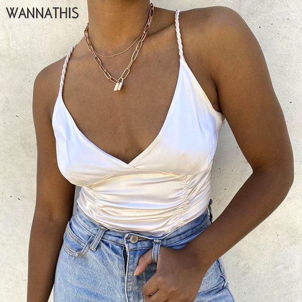 

wannathis deep v-neck spaghetti strap back cross women sleeveless ruched crop lady summer solid color cropped, White