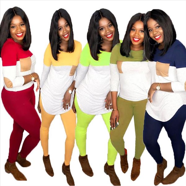 

autumn patchwork womens set long sleeve o neck tee pencil pants suit elegant sporty two piece set tracksuit outfit gld8312, Gray