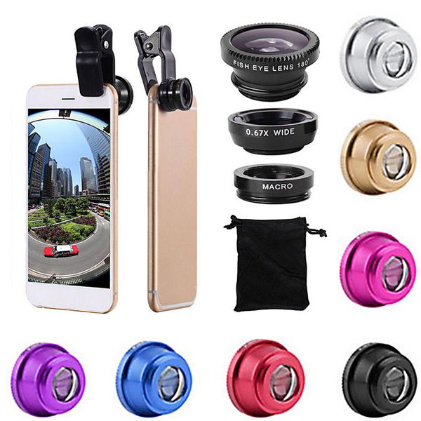 7 cores Universal 3 em 1 grande angular macro fisheye lente câmera lentes de telefone celular peixes olho lendes