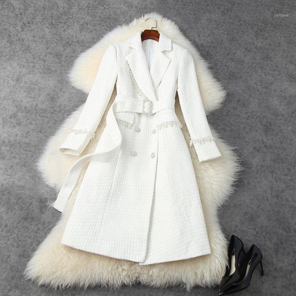 

high street new 2020 fall winter designer coat women's belted pearl beaded tweed long overcoat1, Black