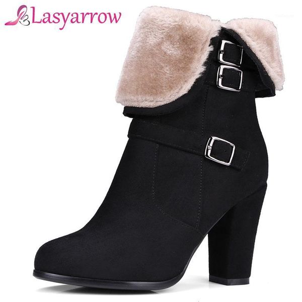 

boots lasyarrow shoes woman winter warm plush snow chunky high heels round toe zapatos de mujer botas femininos1, Black