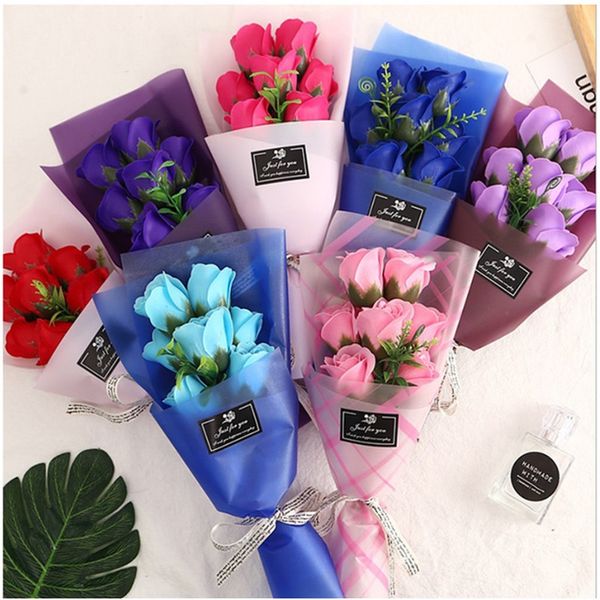 

7 red rose simulation flower valentines day manual artificial flowers multi color soap small bouquet gifts packing paper rope 4 3jh l2
