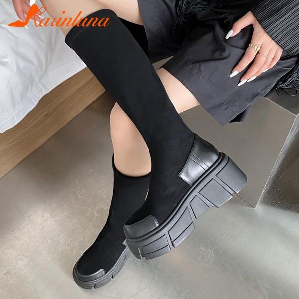 

karin new dropship big size 34-43 round toe flat platform slip-on flock patchwork autumn mid-calf boots autumn female, Black