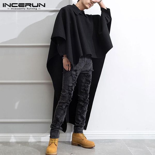 

men long sleeve lapel neck irregular cloak incerun fashion solid color poncho autumn loose coats vintage outwear streetwear 5xl, Tan;black
