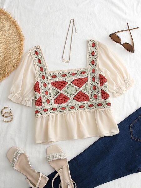 

puff sleeve square neck 2 in 1 blouse o9kq#, White