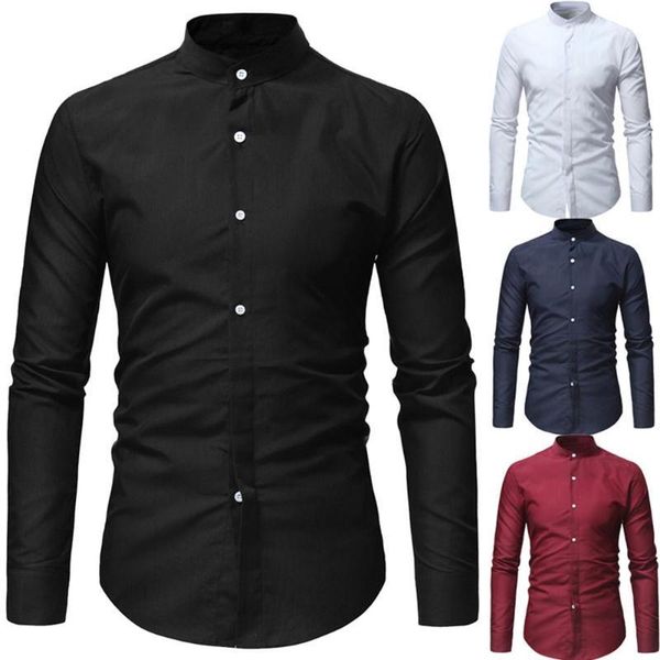

business men solid color stand collar button down long sleeve shirt1, White;black