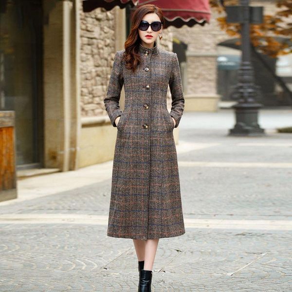 

new 2021 autumn winter coat women wool blend jacket coat oversize long plaid trench outwear wool, Black