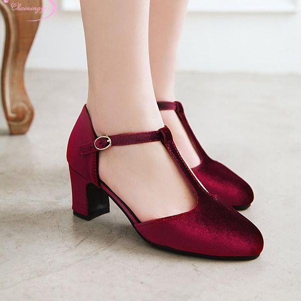 

chinese party style round toe summer flock women sandals fashion belt buckle green red black high-heeled chunky women's shoes