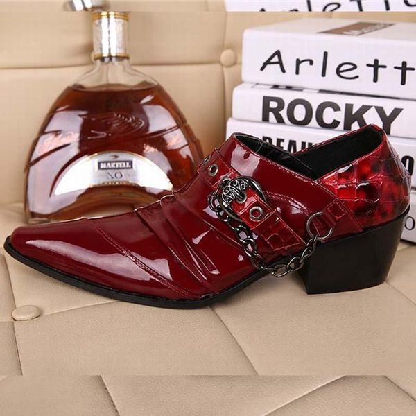 

red patent leather man dress shoes fashion slip on oxfords for men genuine leather punk buckle chain formal party wedding shoes, Black