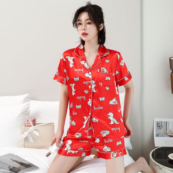 

2021 new women's pajama set with shorts spring summer silk cartoon short sleeve down collar sleepwear ladies home suit female 83vz, Black;red