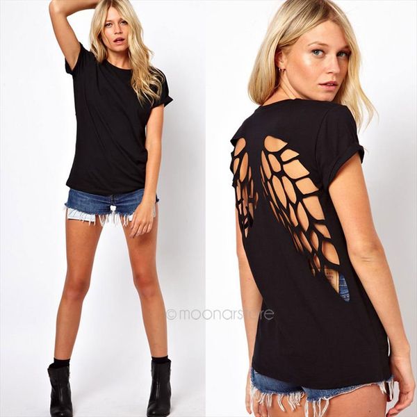 

new summer womens t shirts fashion o neck lazer cut angel wings short sleeve plus size t shirts tees, White