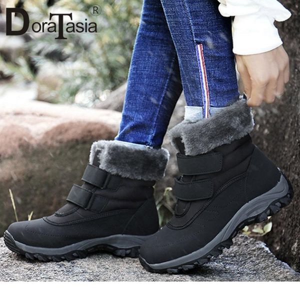

doratasia new fashion female chunky heels ankle boots winter warm fur snow boots women casual hook loop plush shoes woman, Black