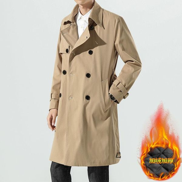

men's trench coats winter plus cotton thick coat slim fashion casual long men streetwear korean windbreaker jacket mens overcoat, Tan;black