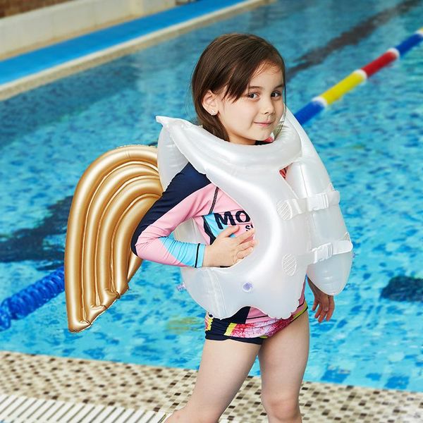 

inflatable children angle gold wings white swimming pool protector adorable fashionable lift jacket water party playing wearing wmtlbf