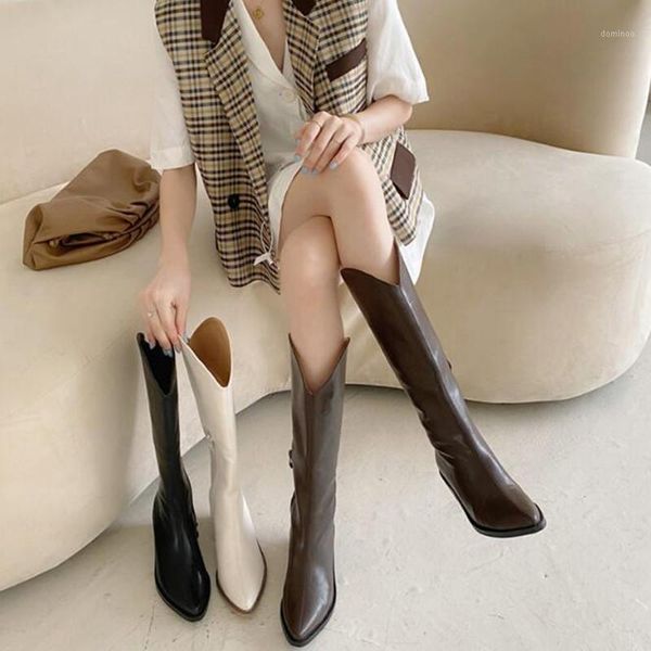 

2020 winter women beige knee high boots riding square low heel pu zipper botas pointed toe shoes footwear long boots size 34-401, Black