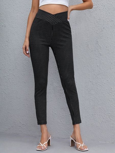 

overlap waist grid skinny pants r6ow#, Black;white
