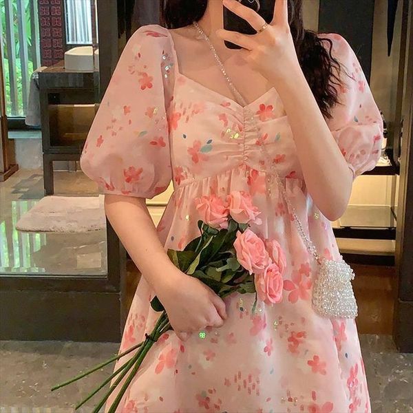 

pink sequin fairy dress women elegant floral sweet chiffon dress female casual loose kawaii summer party 2020 korean style, Black;gray