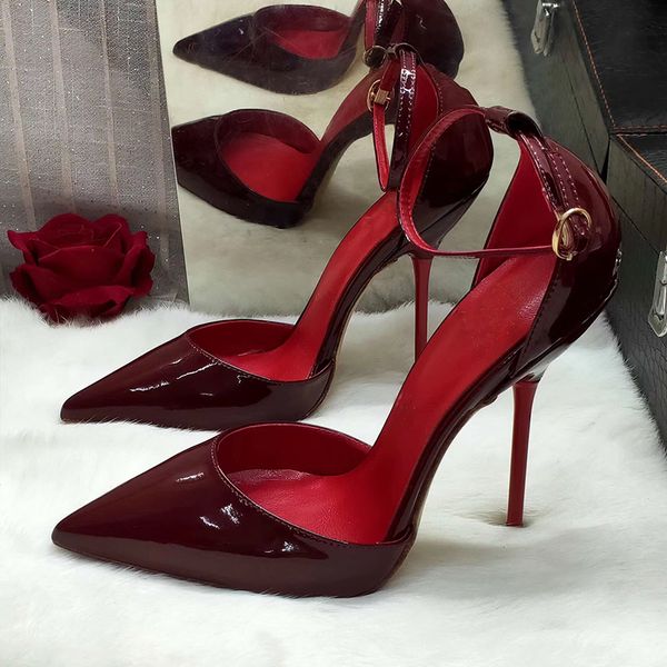 

fashion women lady two pieces style black red patent leather pointy toe elegant thin high heels women sandals shoes pumps