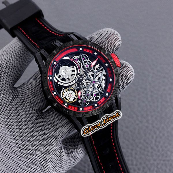 

version excalibur tourbillon skeleton dial rddbex0575 automatic mechanical mens watch black steel case leather strap luxry watches, Slivery;brown