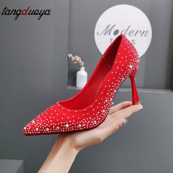 

dress shoes rhinestones women pumps high heels woman stiletto pointed toe party office wedding for bride diamonds, Black