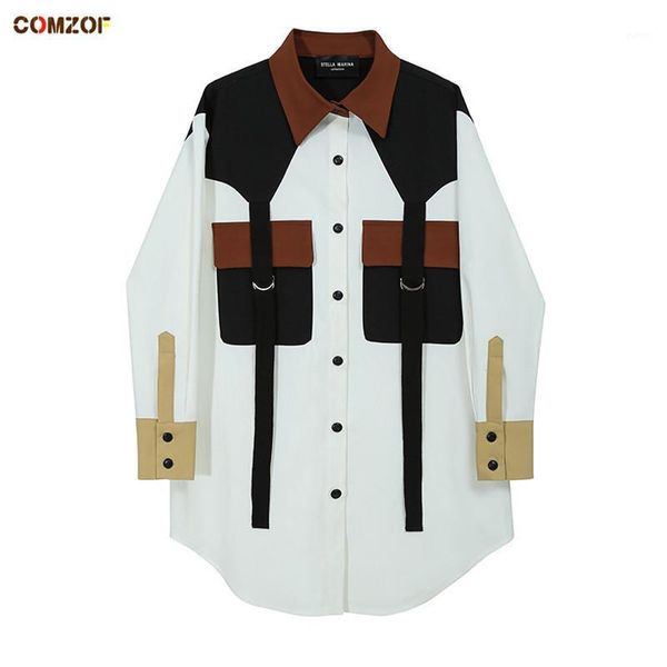 

new arrival women patchwork long sleeve shirt straps fashion blusas 2020 autumn casual clothing woman shirts ropa de mujer1, White
